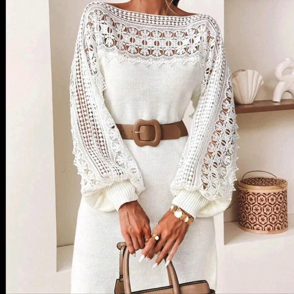 Dresses & Skirts - LadSolid Color Hollow-Out Elegant Lace Knit Sweater Dress